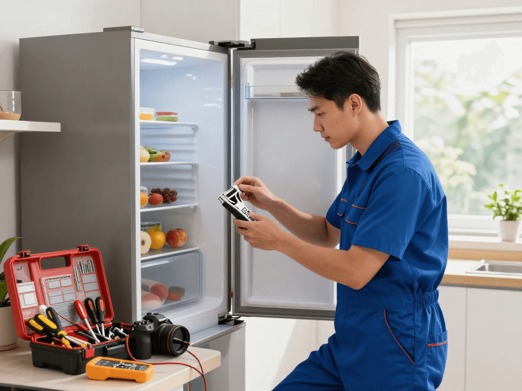 Technician performing refrigerator repair in a bright kitchen with tools and food items visible.